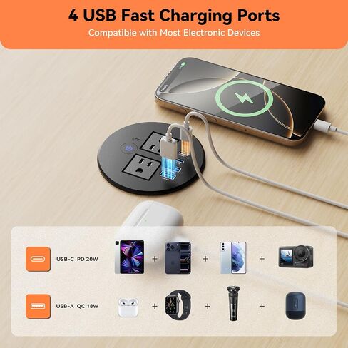 Desktop Power Grommet with Overload Protection Switch, 2 PD 20W USB-C Fast Charging, 2 QC3.0 18W USB-A, 80mm Recessed Outlet, Flush-Mount Power Grommet for Home Office in Kuwait