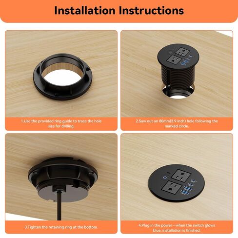 Desktop Power Grommet with Overload Protection Switch, 2 PD 20W USB-C Fast Charging, 2 QC3.0 18W USB-A, 80mm Recessed Outlet, Flush-Mount Power Grommet for Home Office in Kuwait