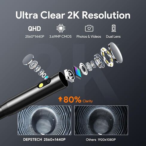 DEPSTECH 2K Endoscope Camera with Light: 2560P QHD Dual Lens Inspection Borescope with 16.5FT Snake Cable for iPhone & Android, Industrial Scope Automotive Tools for Sewer, HVAC, Plumbing, Mechanic in Kuwait