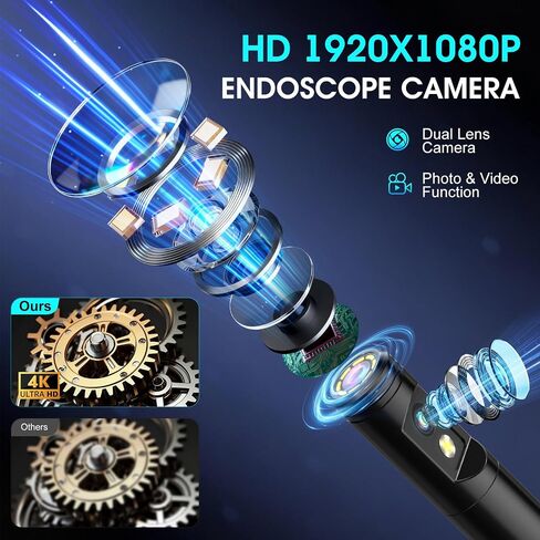 Dual Lens Endoscope Camera with Light, 1920P HD Industrial Borescope with 4.3" LCD, IP67 Waterproof Inspection Camera, 16.4FT Semi-Rigid Cable, 8 LED Lights 32GB Card, for Sewer Pipe Car Repair(Black) in Saudi Arabia