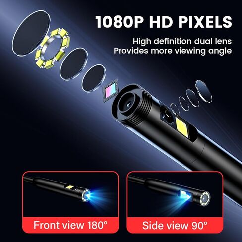 كاميرا المنظار مع الضوء: كاميرا Borescope للفحص بعدسة مزدوجة بدقة 5 بوصات 1080 بكسل عالية الدقة للصرف الصحي - منظار صناعي مقاوم للماء بطول 16.4 قدمًا - نطاق تجويف الثعبان المرن لسيارات السباكة in Saudi Arabia