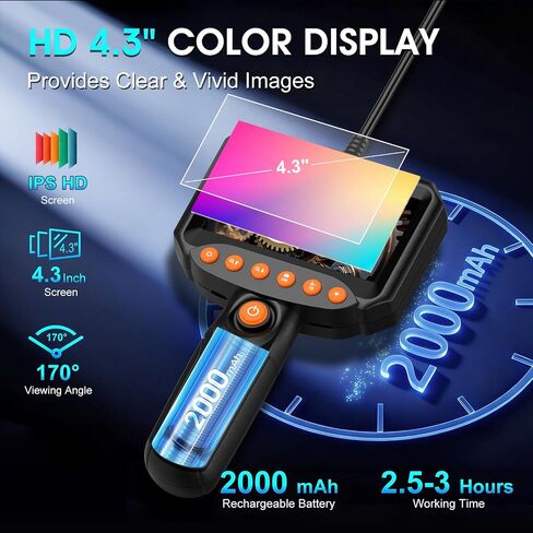 Dual Lens Endoscope Camera with Light, 1920P HD Industrial Borescope with 4.3" LCD, IP67 Waterproof Inspection Camera, 16.4FT Semi-Rigid Cable, 8 LED Lights 32GB Card, for Sewer Pipe Car Repair(Black) in Saudi Arabia