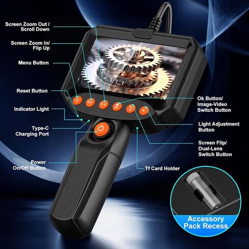 Dual Lens Endoscope Camera with Light, 1920P HD Industrial Borescope with 4.3" LCD, IP67 Waterproof Inspection Camera, 16.4FT Semi-Rigid Cable, 8 LED Lights 32GB Card, for Sewer Pipe Car Repair(Black) in Saudi Arabia