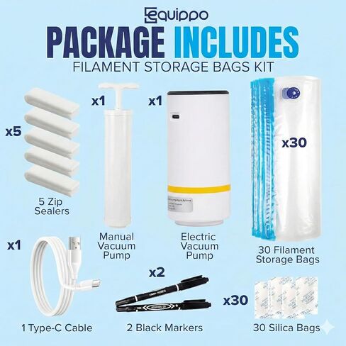 3D Printer Filament Storage Kit – 30 Vacuum Storage Bags with Electric Pump, 30 Silica Gel Packs, 5 Clips, 2 Markers & Manual Backup Pump – 3D Printing Filament Storage Solution in Kuwait