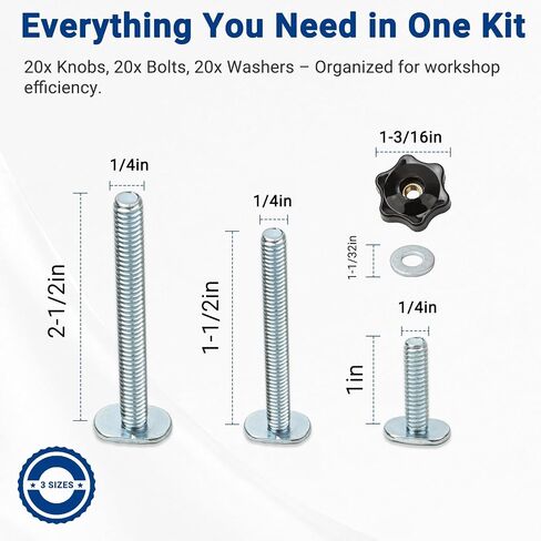 20 Sets T-Track Knob Kit, 1/4"-20 T Bolts (1", 1-1/2", 2-1/2") with Star Knobs & Washers, Assorted T Slot Bolts for Woodworking Jigs, Clamps & Fixture Building in Kuwait