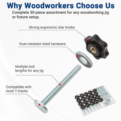 20 Sets T-Track Knob Kit, 1/4"-20 T Bolts (1", 1-1/2", 2-1/2") with Star Knobs & Washers, Assorted T Slot Bolts for Woodworking Jigs, Clamps & Fixture Building in Kuwait
