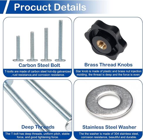 10 Sets of 1/4"-20 T Track Knob Kits, 30Pcs T-Track Bolt Knob Kits Includes Star Knob, 1/4"-20 Threaded 2-1/2" Length T-Bolt and Washers, T Track Accessories for Woodworking Jigs and Fixtures in Kuwait