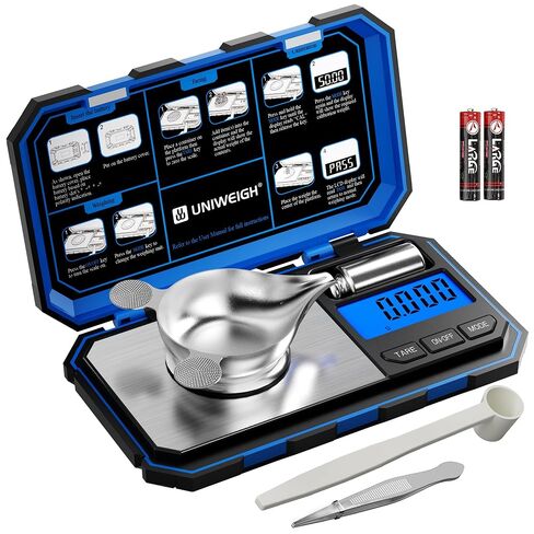 مقياس UNIWEIGH Milligram الدقة 0.001 جم/50 جم، مقياس المجوهرات الرقمي للمسحوق، الذهب، الأحجار الكريمة، إعادة التحميل، ميكروجرام، مقياس العملات المعدنية 6 وحدات، الفارغة، مقياس ملغ للجيب مع وزن كالوري in Kuwait