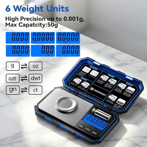 مقياس UNIWEIGH Milligram الدقة 0.001 جم/50 جم، مقياس المجوهرات الرقمي للمسحوق، الذهب، الأحجار الكريمة، إعادة التحميل، ميكروجرام، مقياس العملات المعدنية 6 وحدات، الفارغة، مقياس ملغ للجيب مع وزن كالوري in Kuwait