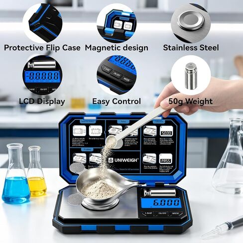 مقياس UNIWEIGH Milligram الدقة 0.001 جم/50 جم، مقياس المجوهرات الرقمي للمسحوق، الذهب، الأحجار الكريمة، إعادة التحميل، ميكروجرام، مقياس العملات المعدنية 6 وحدات، الفارغة، مقياس ملغ للجيب مع وزن كالوري in Kuwait