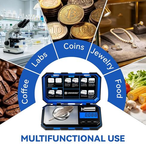 مقياس UNIWEIGH Milligram الدقة 0.001 جم/50 جم، مقياس المجوهرات الرقمي للمسحوق، الذهب، الأحجار الكريمة، إعادة التحميل، ميكروجرام، مقياس العملات المعدنية 6 وحدات، الفارغة، مقياس ملغ للجيب مع وزن كالوري in Kuwait
