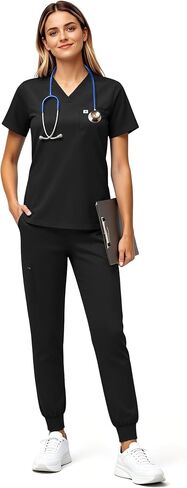 الدعك للنساء - V -Neck Top & Stretty Jogger Pants Scrubs مجموعة مع 5 جيوب in Kuwait