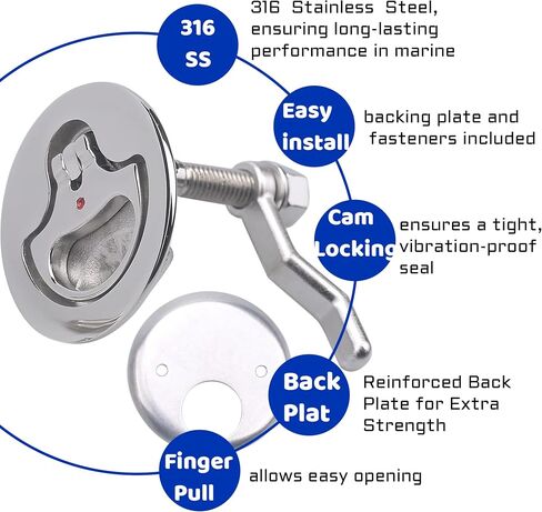MX Boat Cam Latch Marine Hatch Flush Pull Handle 316 Stainless Steel | 1PCS, With Fasteners and Back Plate in Kuwait