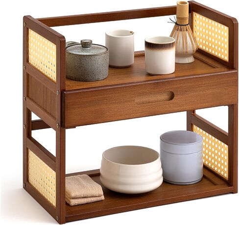 Yalikop Bamboo Matcha Station Organizer 2 Tier Countertops Stand Shelf with Hidden Drawer Coffee Station Organizer for Whisk Set Bowl Cup Mug, Home Kitchen Bars 15.75" x 7.87" x 15.35"(Brown) in Saudi Arabia