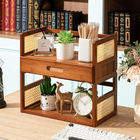 Yalikop Bamboo Matcha Station Organizer 2 Tier Countertops Stand Shelf with Hidden Drawer Coffee Station Organizer for Whisk Set Bowl Cup Mug, Home Kitchen Bars 15.75" x 7.87" x 15.35"(Brown) in Saudi Arabia