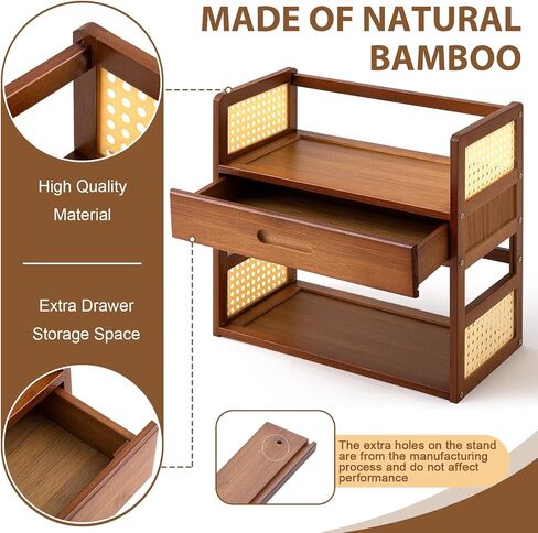 Yalikop Bamboo Matcha Station Organizer 2 Tier Countertops Stand Shelf with Hidden Drawer Coffee Station Organizer for Whisk Set Bowl Cup Mug, Home Kitchen Bars 15.75" x 7.87" x 15.35"(Brown) in Saudi Arabia