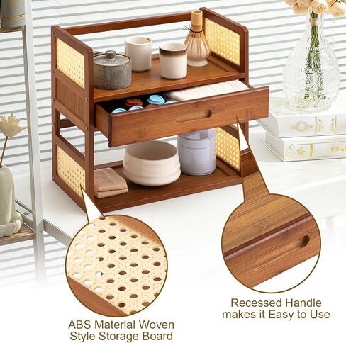 Yalikop Bamboo Matcha Station Organizer 2 Tier Countertops Stand Shelf with Hidden Drawer Coffee Station Organizer for Whisk Set Bowl Cup Mug, Home Kitchen Bars 15.75" x 7.87" x 15.35"(Brown) in Saudi Arabia