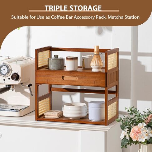 Yalikop Bamboo Matcha Station Organizer 2 Tier Countertops Stand Shelf with Hidden Drawer Coffee Station Organizer for Whisk Set Bowl Cup Mug, Home Kitchen Bars 15.75" x 7.87" x 15.35"(Brown) in Saudi Arabia