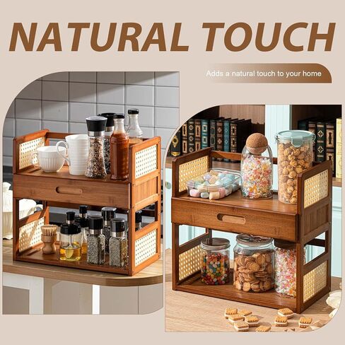 Yalikop Bamboo Matcha Station Organizer 2 Tier Countertops Stand Shelf with Hidden Drawer Coffee Station Organizer for Whisk Set Bowl Cup Mug, Home Kitchen Bars 15.75" x 7.87" x 15.35"(Brown) in Saudi Arabia