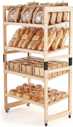 AceOrbit 55" x 30" x 18" 4 Tier Wood Bakery Bread Rack with Angled Shelves Bread Fruit Vegetable Display Shelf Stand for Shop, Pantry, Office, Grocery, Supermarket, Kitchen Organizer in Kuwait
