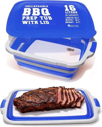 KITCHEN PERFECTION Collapsible XL Smoker & BBQ Prep Tub with Locking Lid & Cutting Board - Grill Caddy Container for Meat Marinating & Brine Perfect For Brisket, Turkey & Ribs - Best Gift For Men in Kuwait