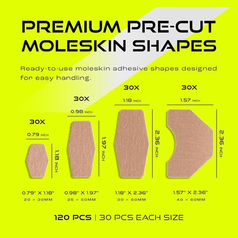 Moleskin Adhesive Shapes – 120 Pre-Cut Pieces – 4 Sizes – Cotton Fabric Shapes | Thin, Flexible & Water-Resistant in Kuwait