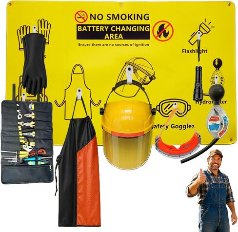 Complete Forklift Battery Protective Handling PPE Kit, Wall-Mounted PPE Station for Forklift Battery Water Handling, Propane Tasks, and Warehouse Safety Gear Storage in Kuwait