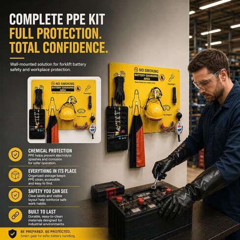 Complete Forklift Battery Protective Handling PPE Kit, Wall-Mounted PPE Station for Forklift Battery Water Handling, Propane Tasks, and Warehouse Safety Gear Storage in Kuwait