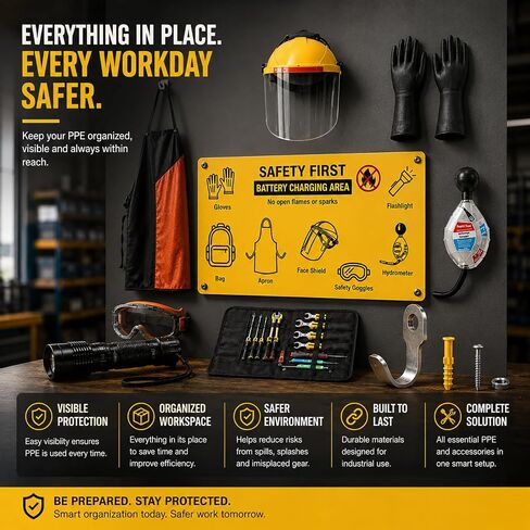 Complete Forklift Battery Protective Handling PPE Kit, Wall-Mounted PPE Station for Forklift Battery Water Handling, Propane Tasks, and Warehouse Safety Gear Storage in Kuwait