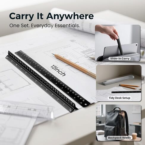2PCS حاكم المقياس المعماري ، 12 "مقياس مهندس الألومنيوم ، مقياس ثلاثي ، حاكم المقياس ، حاكم مثلث ، حاكم صياغة ، حاكم مهندس المعماري ، حاكم المعادن ، حاكم الهندسة المعمارية (Black) in Kuwait