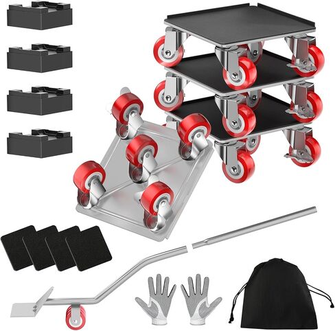 LOYAL TIGER 1500LBS Heavy Duty Furniture Dolly Movers Set with Lifter, 5-Wheel Carbon Steel Moving Rollers with Locking Casters for Refrigerator, Washer, Sofa & Cabinet(5.4 Inch, Red) in Saudi Arabia