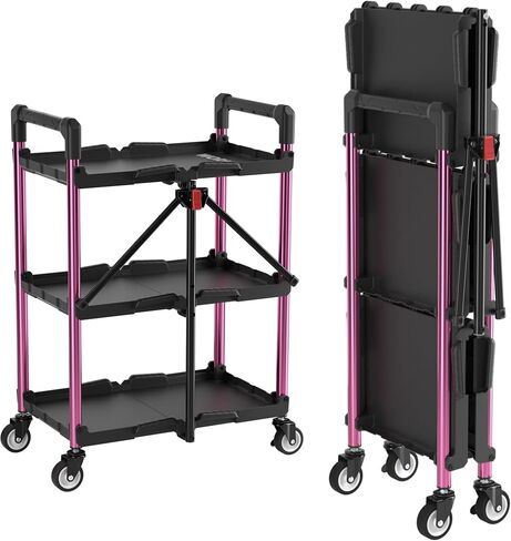 WORKPRO 3-Tier Collapsible Service Cart, Black/Pink, 210 LBS Foldable Utility Cart with Wheels, Portable Rolling Tool Cart for Garage, Warehouse, Home, Restaurant and Office (No Assembly Required) in Kuwait