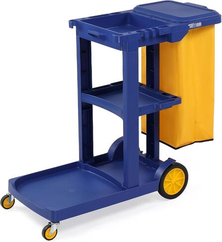 TUFFIOM Commercial Traditional Cleaning 3-Shelf Janitorial Cart, 500 Lbs Capacity Housekeeping Cart, Wheeled with Yellow VinylBag and Cover w Lid, Black, in Kuwait