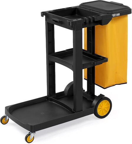 TUFFIOM Commercial Traditional Cleaning 3-Shelf Janitorial Cart, 500 Lbs Capacity Housekeeping Cart, Wheeled with Yellow VinylBag and Cover w Lid, Black, in Saudi Arabia