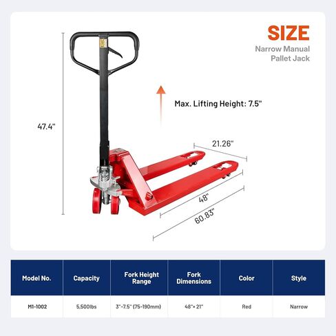 NORTHSKY Manual Pallet Jack – Narrow Heavy Duty Manual Forklift, 5500 lbs Capacity, 48" L x 21" W Forks, Durable PU Wheels, Warehouse & Factory Use in Kuwait