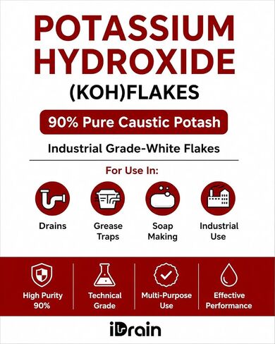Potassium Hydroxide (KOH) Flakes 90% Pure Caustic Potash – Industrial Grade White Flakes for Soap Making, Drain Cleaning, Grease Traps & Chemical Processing – 1 lb in Kuwait