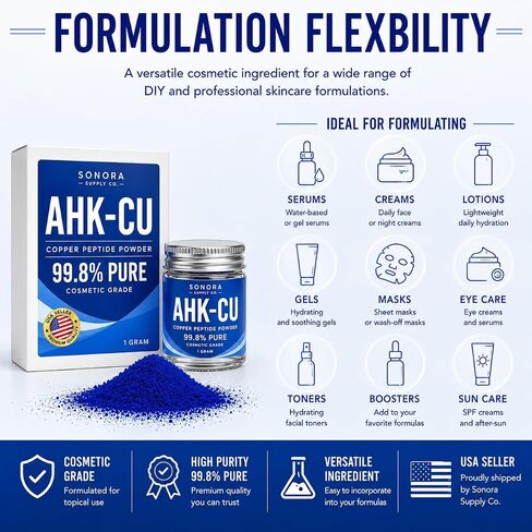AHK-CU Powder - 99.8% Pure AHK-CU Peptide Powder - Raw Bulk Cosmetic Grade AHK-CU - US Seller - High Purity Raw AHK-Cu to Formulate Cosmetic Products and Preparations - Cosmetic Grade in Kuwait