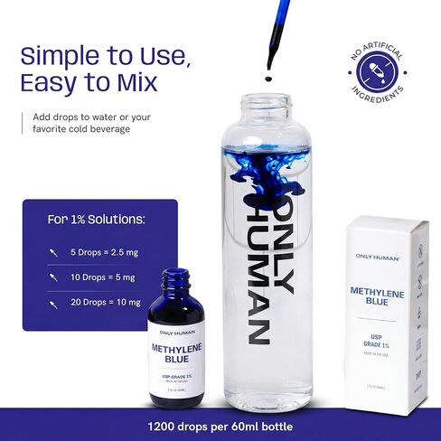 Methylene Blue Drops | Third-Party Tested | No Formaldehyde | USP Grade Methylene Blue Pharmaceutical Grade | Brain Health Dietary Supplement for Humans | 60 ml (2 oz) | Only Human in Kuwait