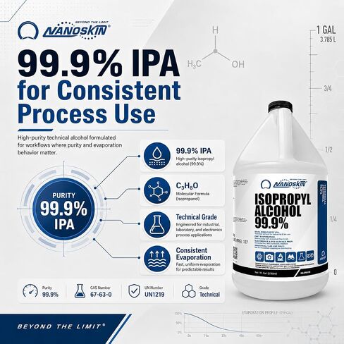 كحول نانوسكين أيزوبروبيل 99.9% (IPA) 1 جالون، مذيب كحول تقني عالي النقاء، تركيبة منخفضة المخلفات سريعة التبخر للاستخدام الصناعي والمختبري in Kuwait