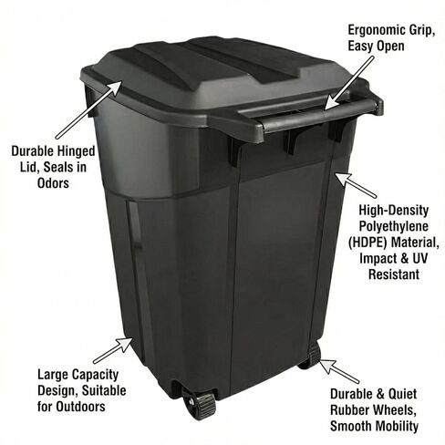 45-Gallon Black Wheeled Heavy-Duty Plastic Garbage Can – with Attached Lid for Outdoor & Indoor Use (45-Gallon) in Kuwait