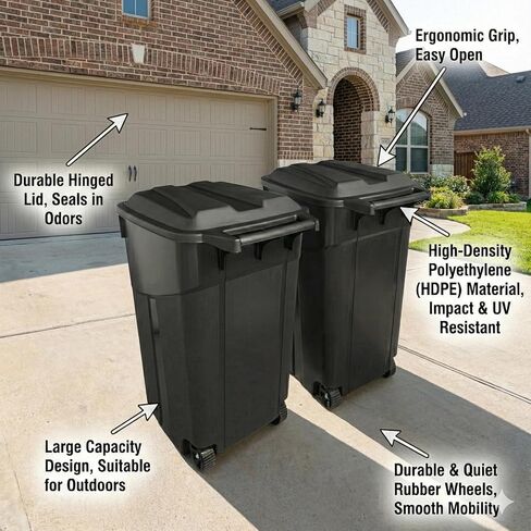 45-Gallon Black Wheeled Heavy-Duty Plastic Garbage Can – with Attached Lid for Outdoor & Indoor Use (45-Gallon) in Kuwait