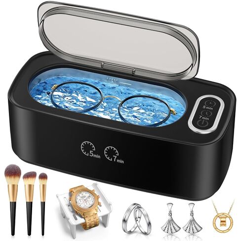 Ultrasonic Cleaner, 48kHz Ultrasonic Jewelry Cleaner Machine for Eyeglasses, Jewelry, Rings, Watch Straps, Dentures and More, Dual Cleaning Modes & 304 Stainless Steel Tank, 400ML Capacity, Black in Kuwait