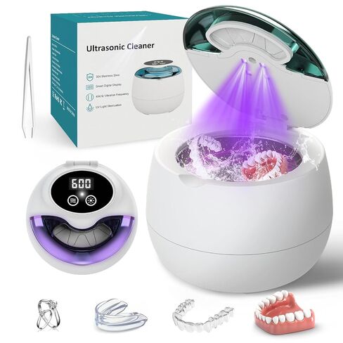 Ultrasonic Denture Retainer Cleaner Machine - 45kHz Retainer Cleaner Machine with 200ML Dental Cleaning Pod, 4 Modes Ultrasonic Cleaner for Denture, Mouth Guard, Aligner, Braces, Toothbrush, Jewelry in Kuwait