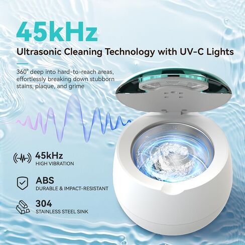 Ultrasonic Denture Retainer Cleaner Machine - 45kHz Retainer Cleaner Machine with 200ML Dental Cleaning Pod, 4 Modes Ultrasonic Cleaner for Denture, Mouth Guard, Aligner, Braces, Toothbrush, Jewelry in Kuwait