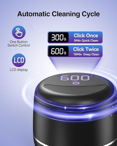 Miorcols Ultrasonic Retainer Cleaner Machine, 48kHz Denture Cleaner Machine with Dual Mode Digital Timer & 7.8OZ Large Capacity for Braces, Night Guard, Mouthguard, Toothbrush, Jewelry - Black in Kuwait