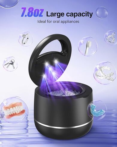 Miorcols Ultrasonic Retainer Cleaner Machine, 48kHz Denture Cleaner Machine with Dual Mode Digital Timer & 7.8OZ Large Capacity for Braces, Night Guard, Mouthguard, Toothbrush, Jewelry - Black in Kuwait