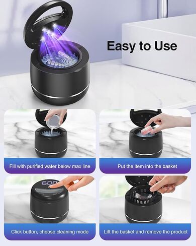 Miorcols Ultrasonic Retainer Cleaner Machine, 48kHz Denture Cleaner Machine with Dual Mode Digital Timer & 7.8OZ Large Capacity for Braces, Night Guard, Mouthguard, Toothbrush, Jewelry - Black in Kuwait
