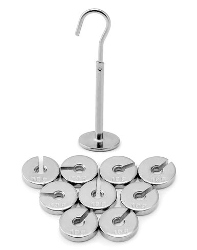 Lab Slotted Mass Set, 2 Set of Chromium-Plated Metal Slotted Weights, One Set - Total 100g - Includes 9 Weights (10g Each) & One Hanger (10g) in Kuwait