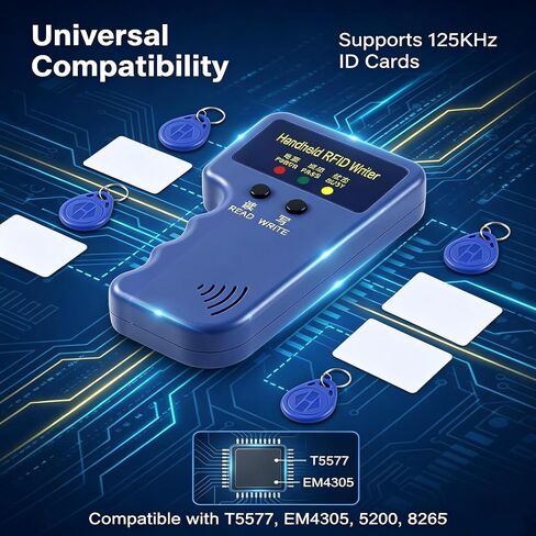 كاتب قارئ بطاقات محمول بتردد 125 كيلو هرتز - يدعم T5577 وEM4305، ناسخة بطاقات هوية ذكية محمولة قابلة للبرمجة مع 6 بطاقات بيضاء فارغة + 6 سلاسل مفاتيح T5577 قابلة للكتابة in Kuwait