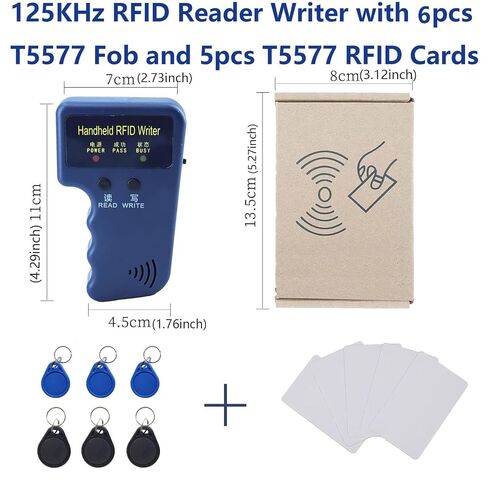 قارئ وكاتب RFID محمول بتردد 125 كيلو هرتز، جهاز ناسخة محمول لبطاقة الهوية لـ T5577/EM4305 يتضمن 6 سلاسل مفاتيح فارغة و5 بطاقات قابلة للكتابة لتكرار بطاقات الوصول، وتصاريح وقوف السيارات (البطارية غير متضمنة) in Kuwait